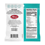 A brightly colored package of Albanese zero sugar gummy bears features a variety of flavors, nutrition facts, and a "Women Owned" label, emphasizing its low-calorie content and vibrant branding.