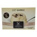 Diet Marble Cheesecakes family pack contains six 2.5 oz (70g) cups, featuring a creamy cheesecake with a marbled chocolate design, made with premium ingredients, low carb, gluten-free, and includes a spoon.