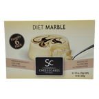 Diet Marble Cheesecakes family pack contains six 2.5 oz (70g) cups, featuring a creamy cheesecake with a marbled chocolate design, made with premium ingredients, low carb, gluten-free, and includes a spoon.