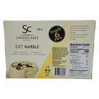 Diet Marble Cheesecakes, gluten-free, family 6-pack, featuring creamy cheesecake with a marbled design, includes biodegradable cups and spoons, with nutrition facts listed on the back.