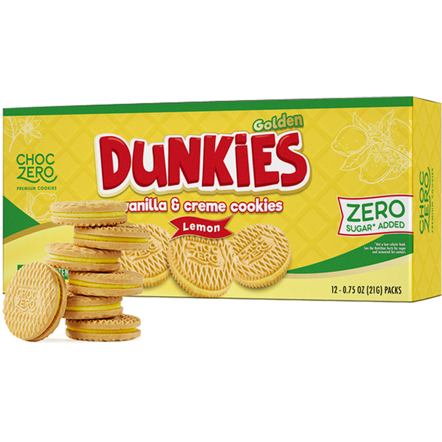 Front package of ChocZero Dunkies Sandwich Cookies, 9 oz, Lemon