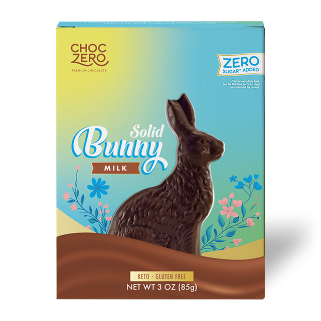 Front package of ChocZero Milk Chocolate Keto Easter Bunny, 3oz
