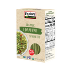 A box of Explore Cuisine Organic Edamame Spaghetti features a plate of cooked spaghetti with vegetables, highlighting its high protein content of 42 grams per serving on the side.