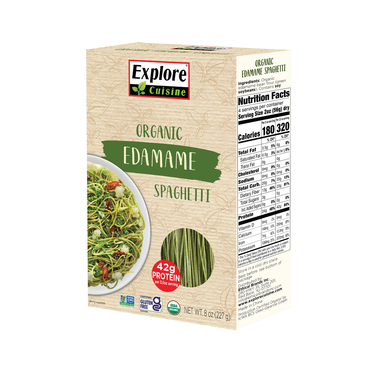 A box of Explore Cuisine Organic Edamame Spaghetti features a plate of cooked spaghetti with vegetables, highlighting its high protein content of 42 grams per serving on the side.
