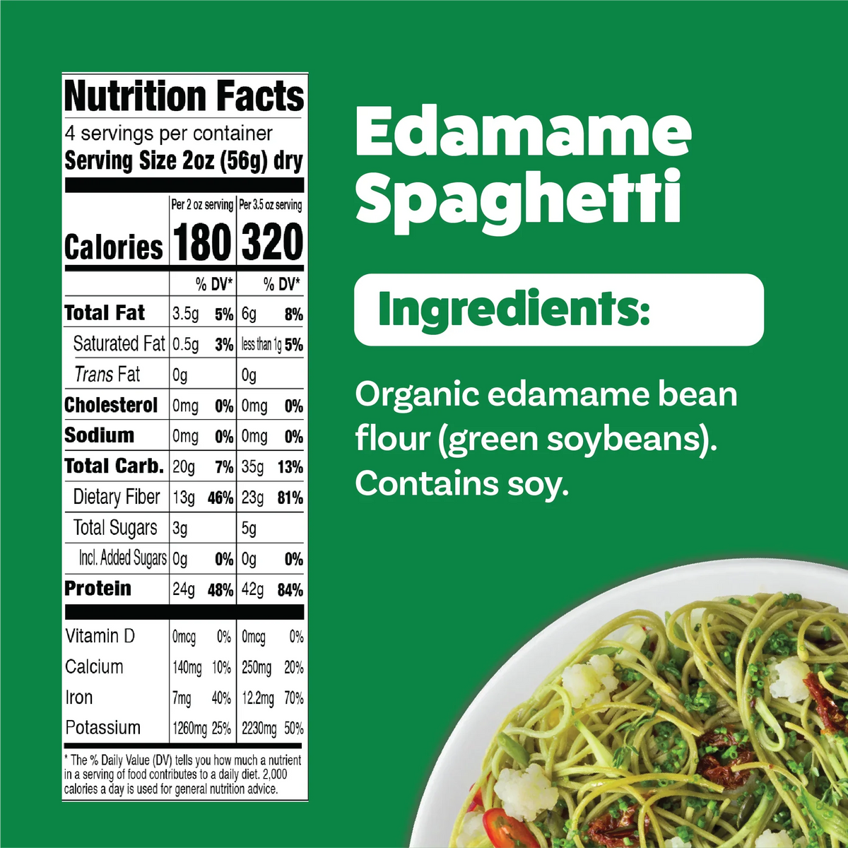A nutrition label for Edamame Spaghetti displays serving information, calories, and ingredients, including organic edamame bean flour, alongside a bowl of prepared spaghetti garnished with vegetables.