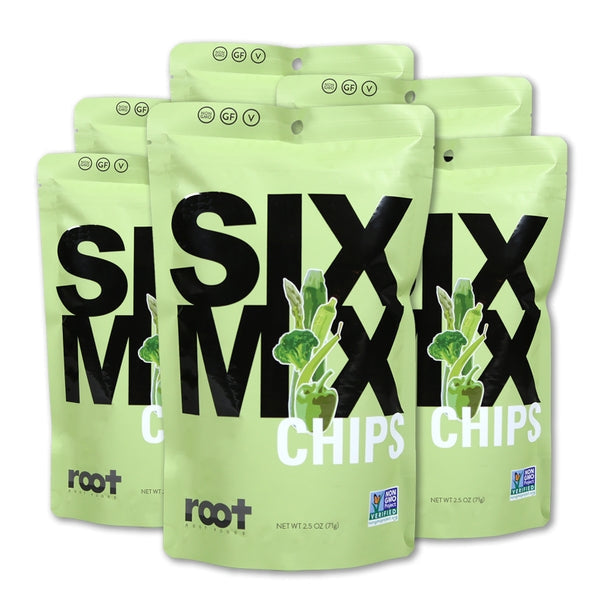 Front package of Root Foods Veggie Chips, Sixmix, 2.5 oz / 6-Pack