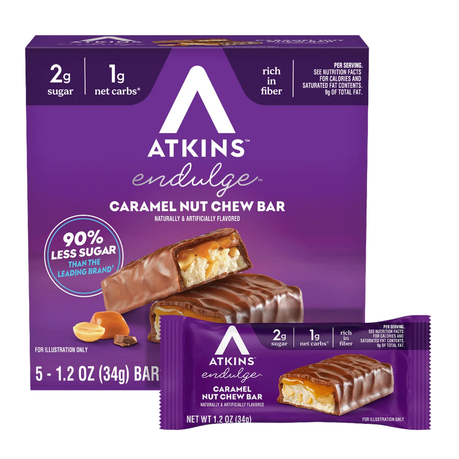 Front package of Atkins Nutritionals Endulge Candy Bars, Caramel Nut Chew, 5 bars