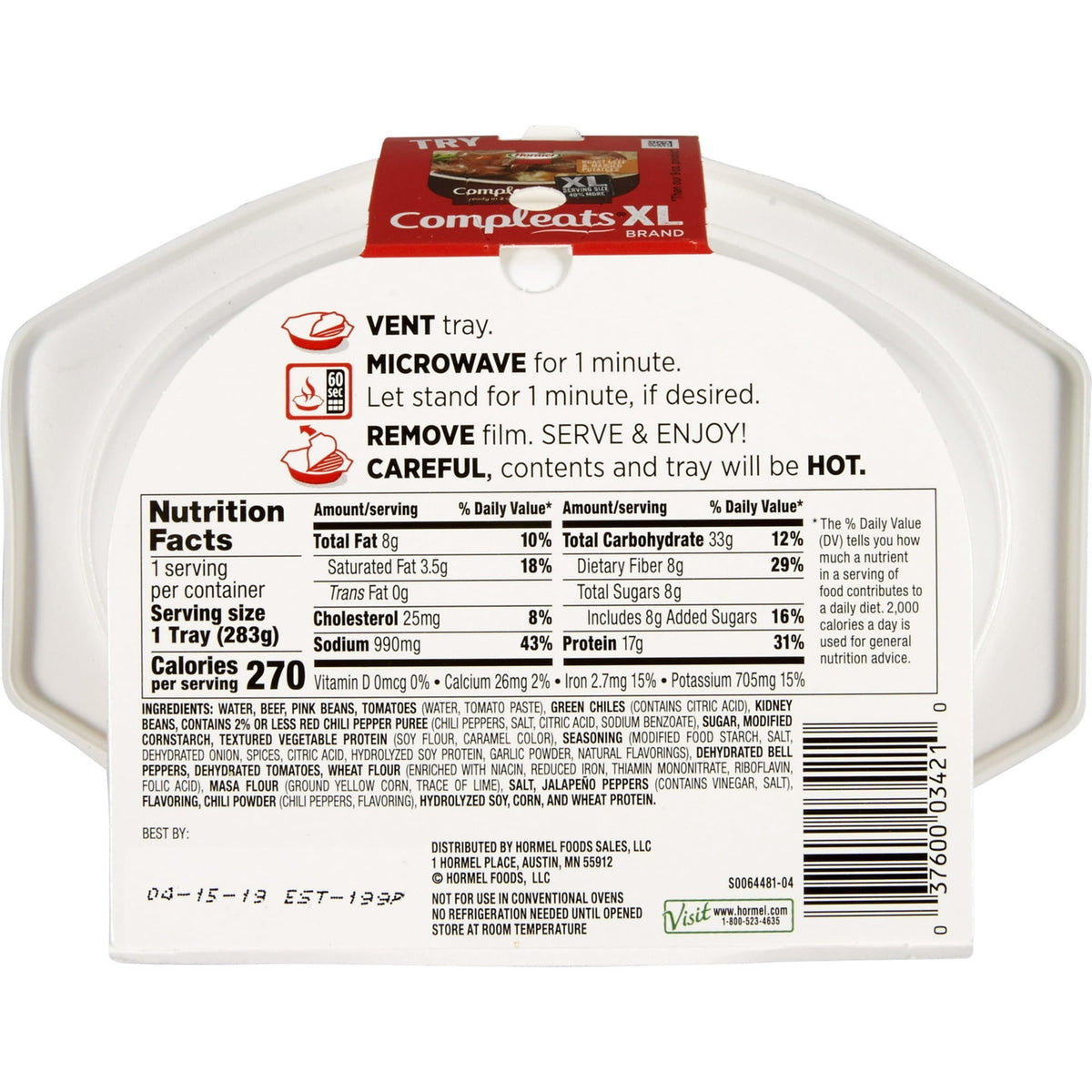 Hormel Compleats Shelf Stable Meals - Chili with Beans, 10 oz