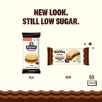 Two packages of RipVan Romeos cookies are displayed side by side, with the old design on the left and the new design on the right, highlighting the product's low sugar content.