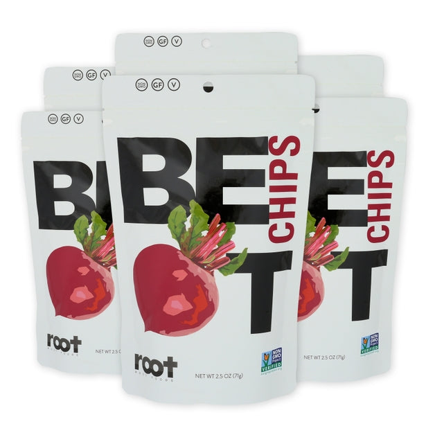 Front package of Root Foods Veggie Chips, Beet, 2.5 oz / 6-Pack