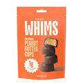 A bright orange package labeled "WHIMS" features stacked dark chocolate peanut butter cups, with one cup showing its creamy filling, and highlights that each contains only 1 gram of sugar.