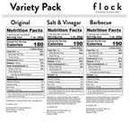Nutrition Facts panels for the three Flock Chicken Skin Crisps flavors