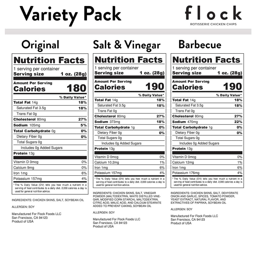 Nutrition Facts panels for the three Flock Chicken Skin Crisps flavors