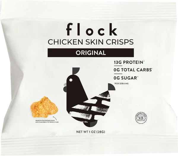Flock Original Chicken Skin Crisps bag with 13g protein and 0g total carbs