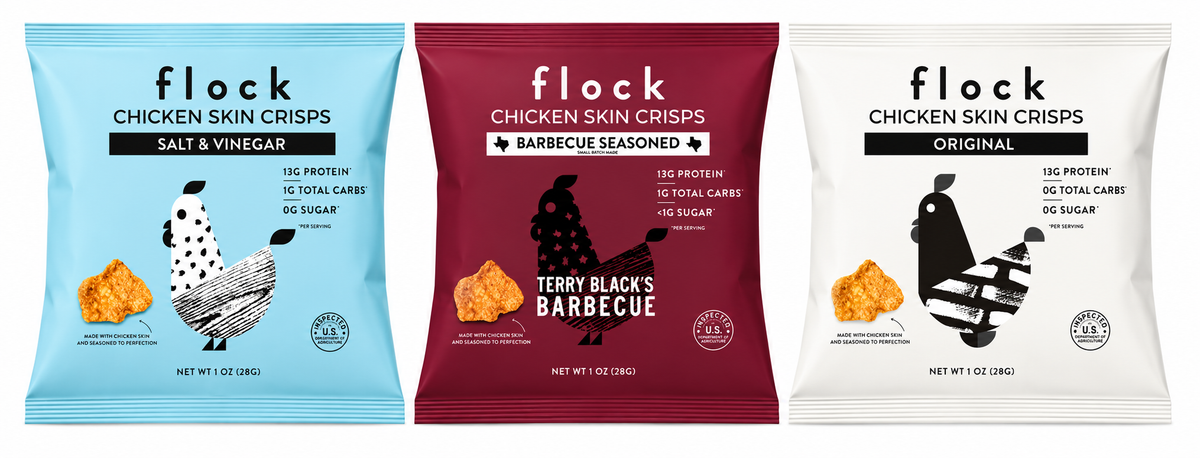Fronts of three Flock Chicken Skin Crisps bags in the variety pack