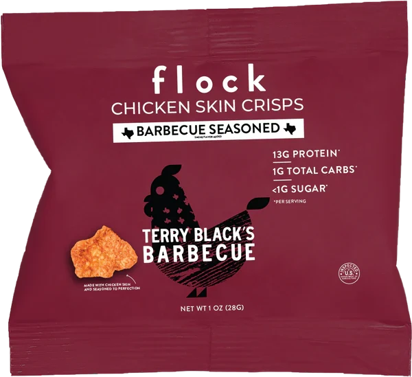 Flock Terry Black's Barbecue Chicken Skin Crisps bag with 13g protein and 1g total carbs