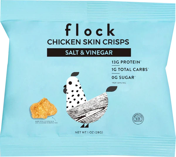 Flock Salt and Vinegar Chicken Skin Crisps bag with 13g protein and 1g total carbs