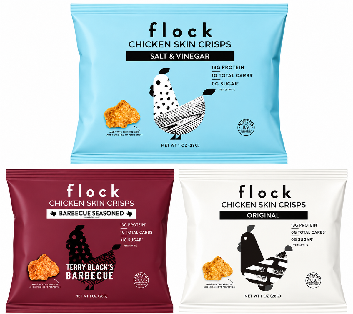 Flock Chicken Skin Crisps bags in Salt and Vinegar, Barbecue, and Original flavors