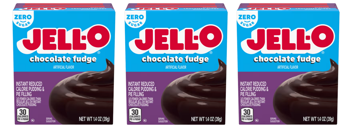Front package of Jell-O Sugar-Free Instant Pudding, Chocolate Fudge (1.4 oz) / 3-Pack