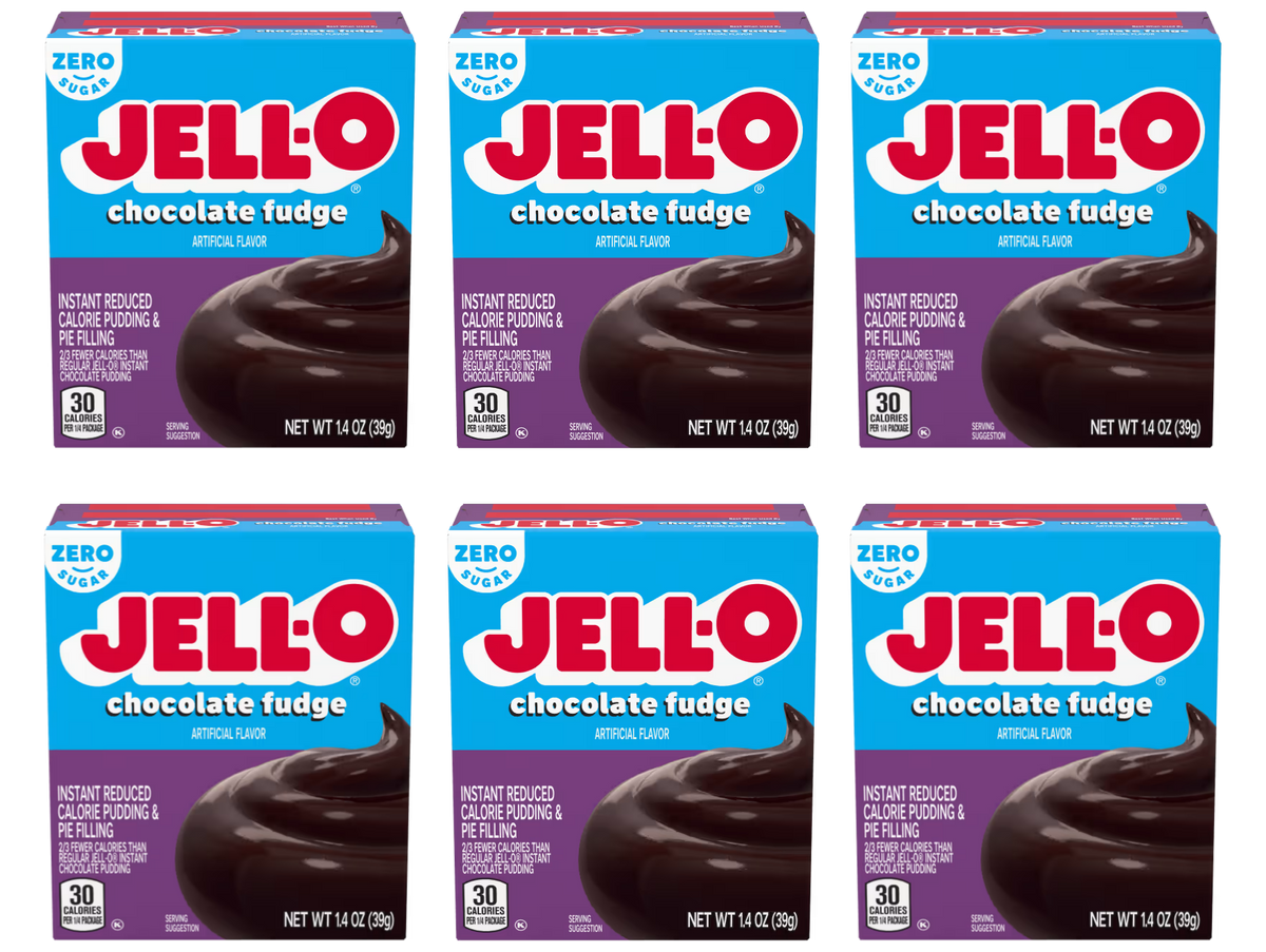 Front package of Jell-O Sugar-Free Instant Pudding, Chocolate Fudge (1.4 oz) / 6-Pack