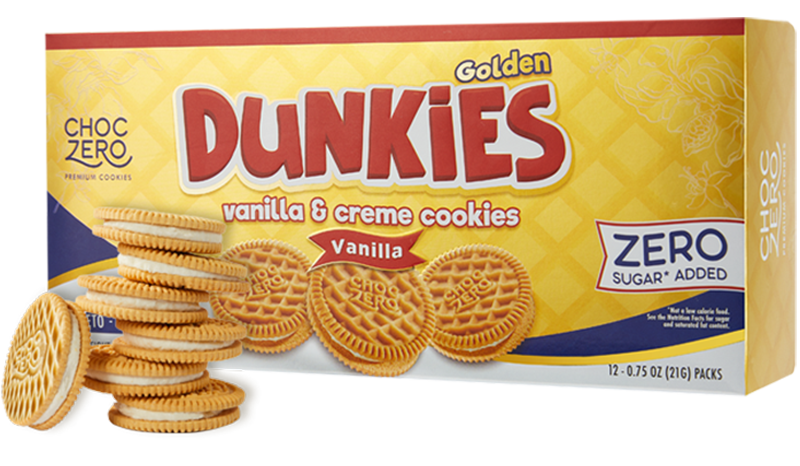Front package of ChocZero Dunkies Sandwich Cookies, 9 oz, Vanilla