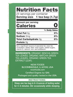Nutrition facts label for NOW Green Kick, Sencha and Matcha Green Tea Bags 24 tea bags