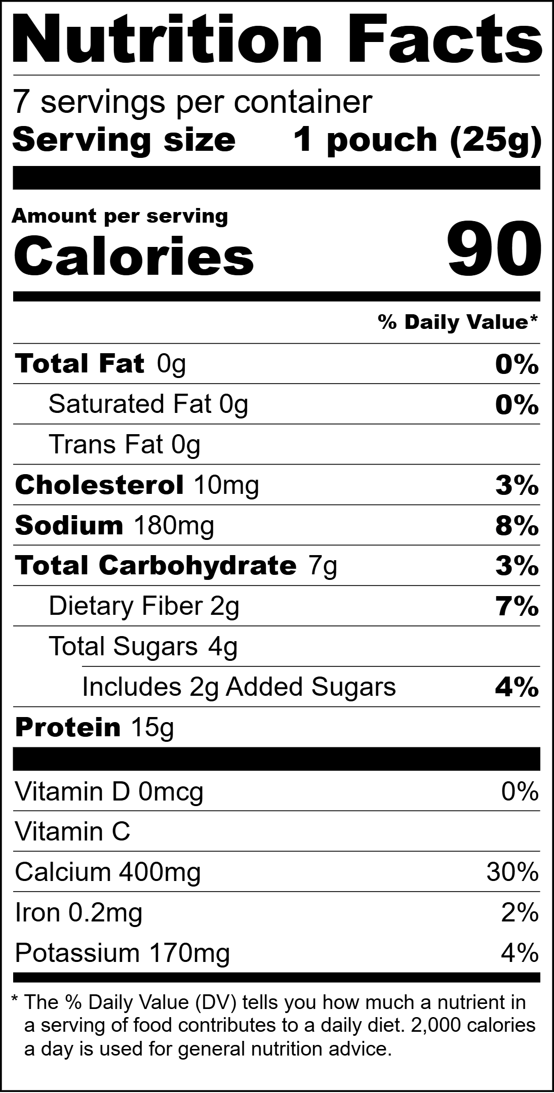 A nutrition facts label displays information for a product, including serving size, calories, and nutrient content such as total fat, protein, and vitamins.