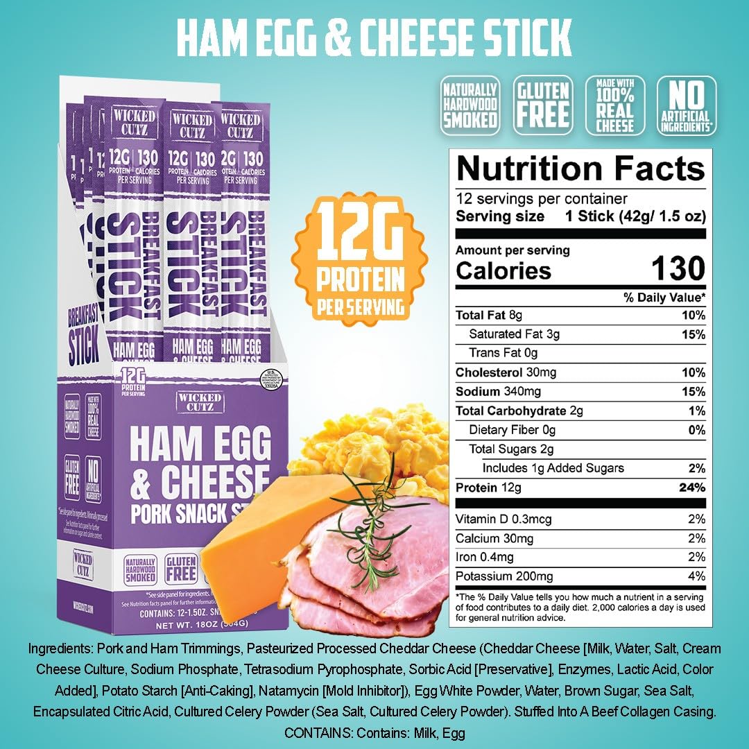 Wicked Cutz High Protein Breakfast Pork Snack Stick - Ham Egg & Cheese
