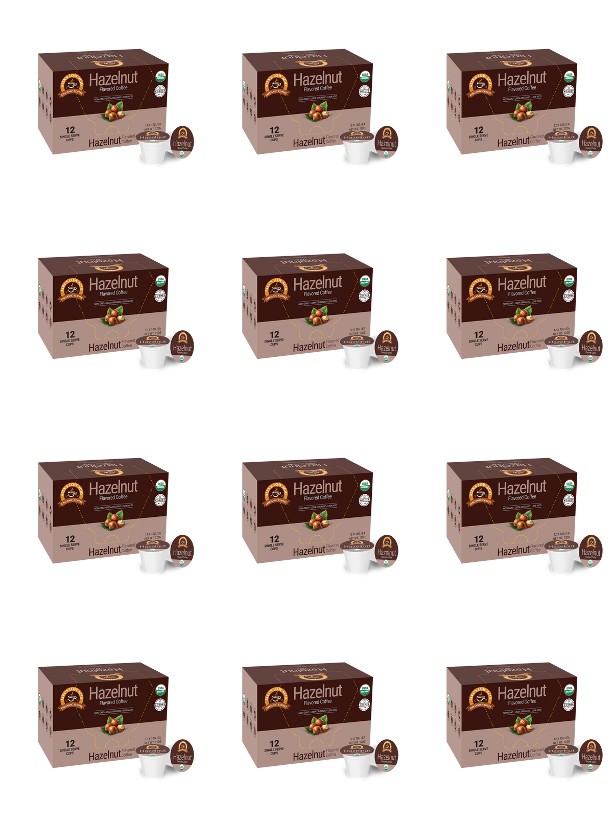 A grid of hazelnut-flavored coffee pods and their packaging, featuring a brown box labeled "Hazelnut" with images of hazelnuts, showcasing a total of 12 single-serve cups.