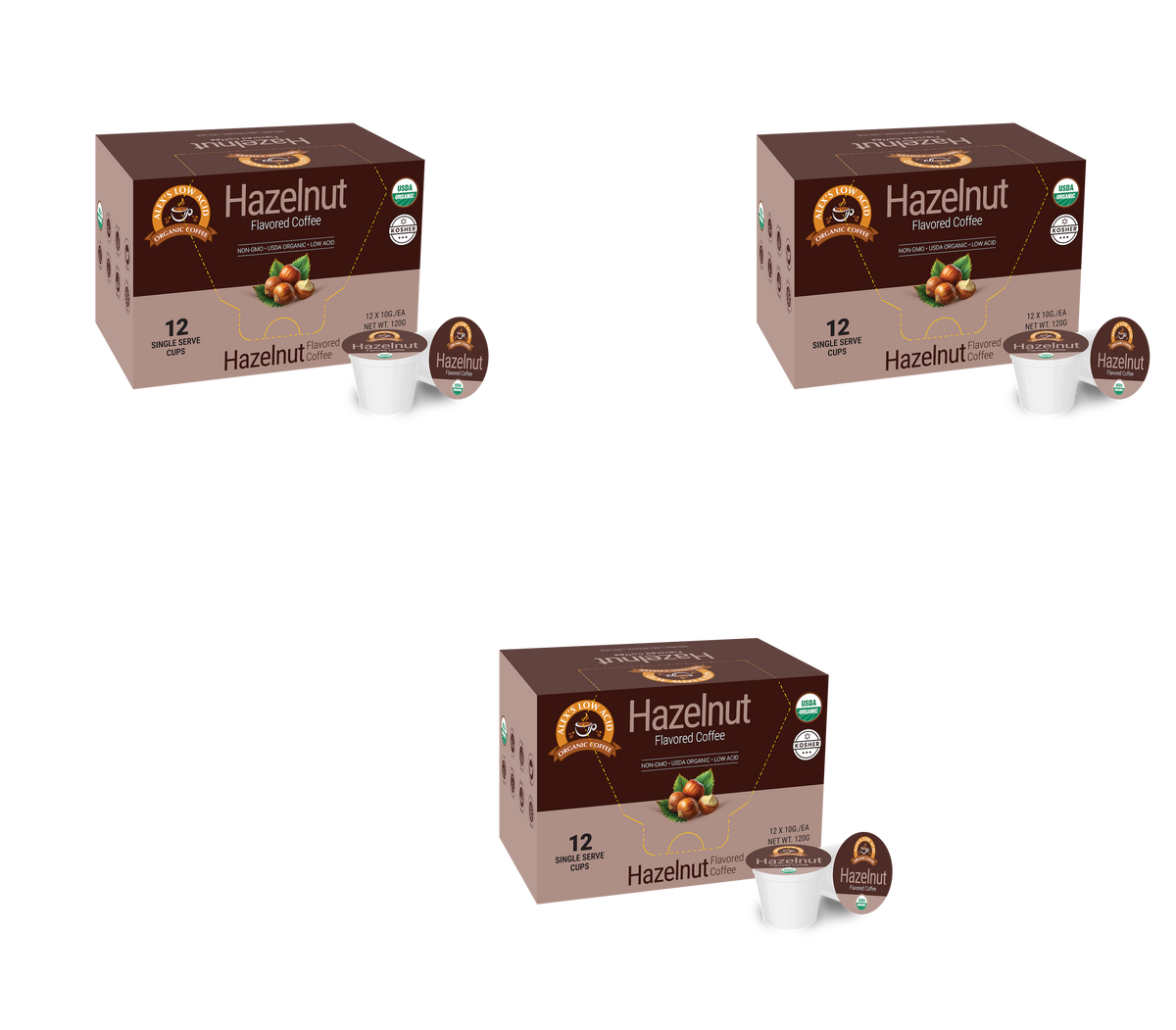 Three boxes of Hazelnut flavored coffee, each containing 12 single-serve cups, are displayed with a coffee pod beside each box, highlighting the product's organic certification.