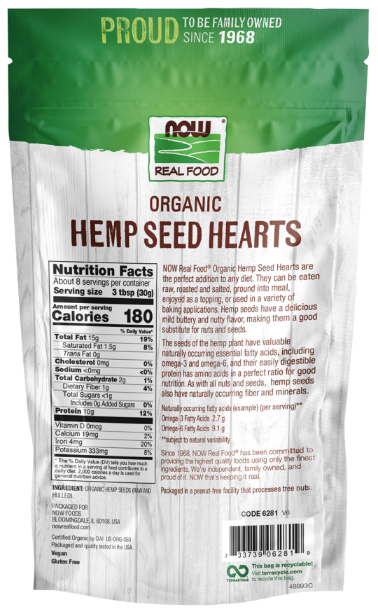 Nutrition facts label for NOW Hemp Seed Hearts, Organic - 8 oz.
