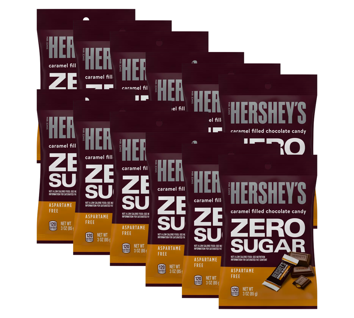 A collection of Hershey's Zero Sugar caramel-filled chocolate candy bags, prominently displaying the brand name and product details, arranged in a stacked formation against a plain background.