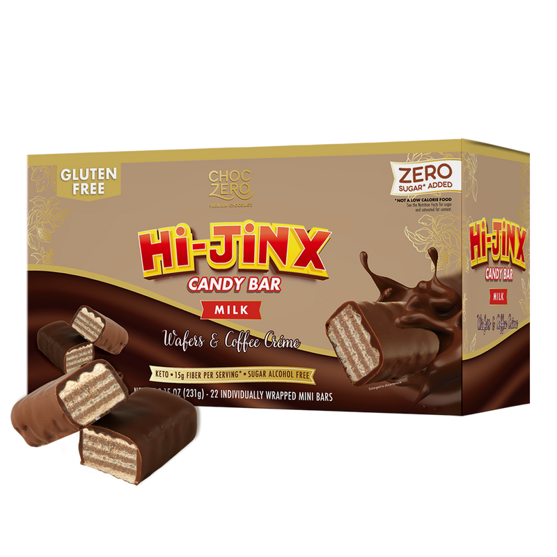 Front package of ChocZero Hi-Jinx Candy Bar, 8.15 oz, Milk Chocolate Wafers & Coffee Creme