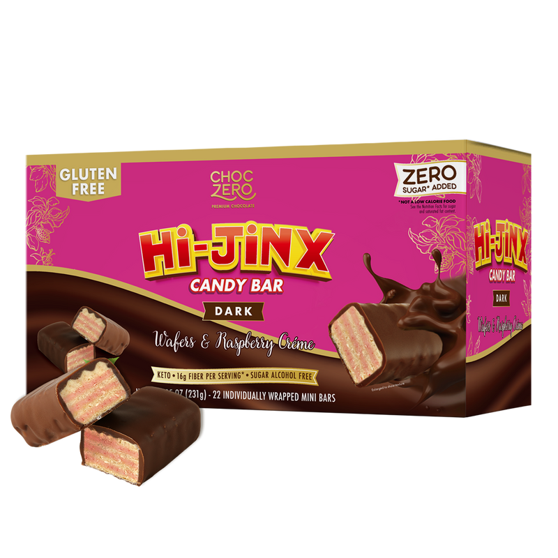 Front package of ChocZero Hi-Jinx Candy Bar, 8.15 oz, Dark Chocolate Wafers & Raspberry Creme