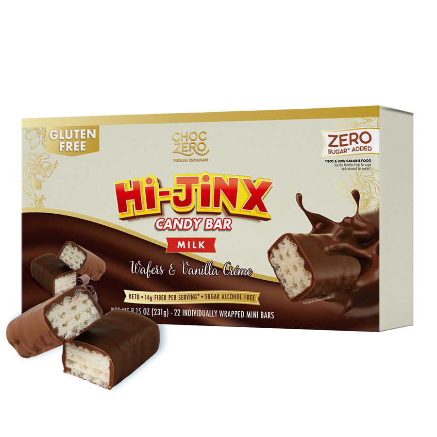 Front package of ChocZero Hi-Jinx Candy Bar, 8.15 oz, Milk Chocolate Wafers & Vanilla Creme