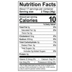 A nutrition facts label displays serving size, calories, and nutrient information, indicating 17 servings per container with details on fats, carbohydrates, sugars, and vitamins.