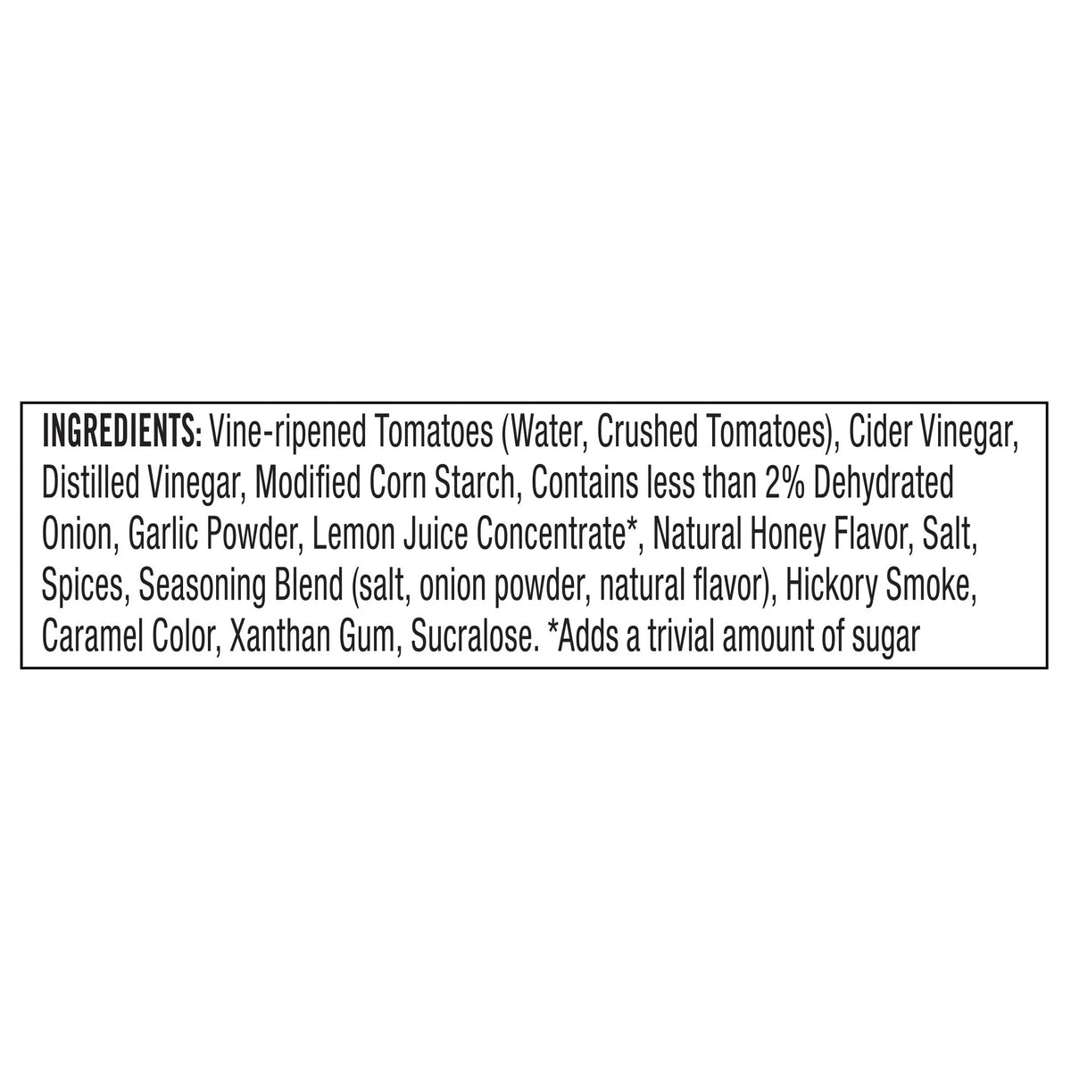 A list of ingredients for a food product, including vine-ripened tomatoes, various vinegars, spices, and flavorings, presented in a black box format with detailed descriptions of each component.
