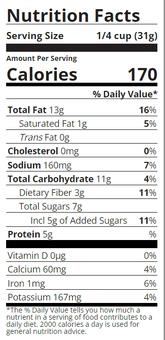 Nutrition facts label for Sahale Snacks Honey Almonds Glazed Mix 4oz Bag