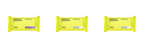 Three brightly colored yellow candy bar wrappers are displayed side by side, each labeled with different flavors: Salted Fudge, Milk Chocolate, and Milk Chocolate with crunchy pieces.