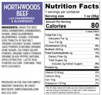 A nutrition facts label for Northwoods Beef with cranberries and blueberries, detailing ingredients, serving size, and nutritional information, including calories, fats, and protein content.