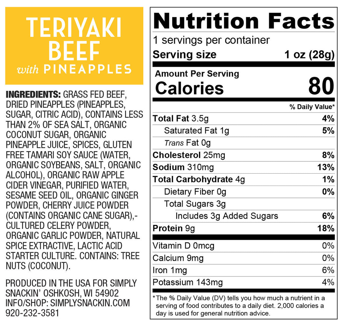 Nutrition facts label for Teriyaki Beef with Pineapples, detailing ingredients, serving size, calories, and nutrient content, including fats, carbohydrates, protein, and vitamins.