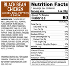 Nutrition facts label for "Black Bean Chicken with Red Bell Peppers & Salsa," detailing ingredients, serving size, and nutritional information per serving, including calories and protein content.