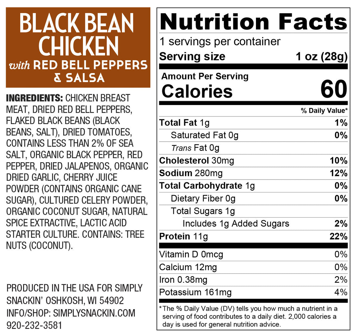 Nutrition facts label for "Black Bean Chicken with Red Bell Peppers & Salsa," detailing ingredients, serving size, and nutritional information per serving, including calories and protein content.