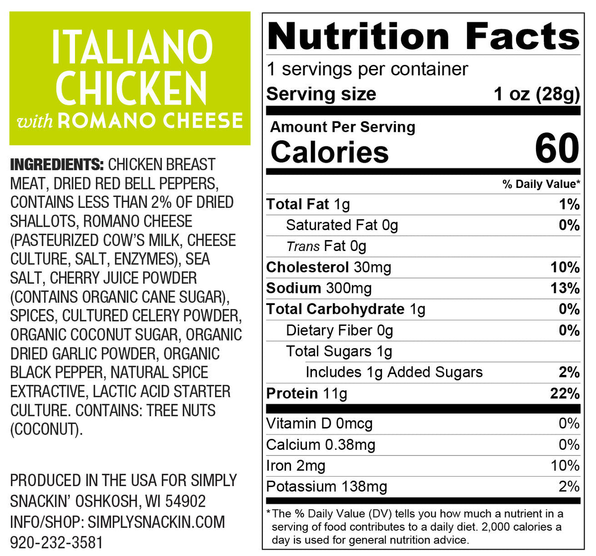 Nutrition facts label for "Italiano Chicken with Romano Cheese," detailing ingredients, serving size, and nutritional information including calories, fats, cholesterol, sodium, and protein content.
