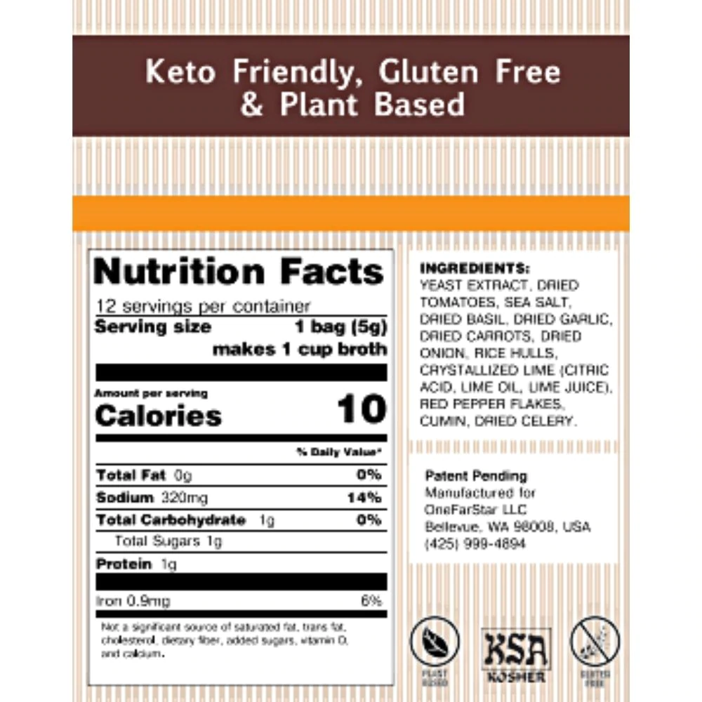 Nutrition Facts and ingredients panel for a flavor in the Millie's Sipping Broth variety pack