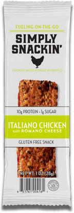 A package of Simply Snackin' Italiano Chicken with Romano Cheese, featuring a protein-rich snack bar, highlights its gluten-free and antibiotic-free attributes, with a clear barcode at the bottom.