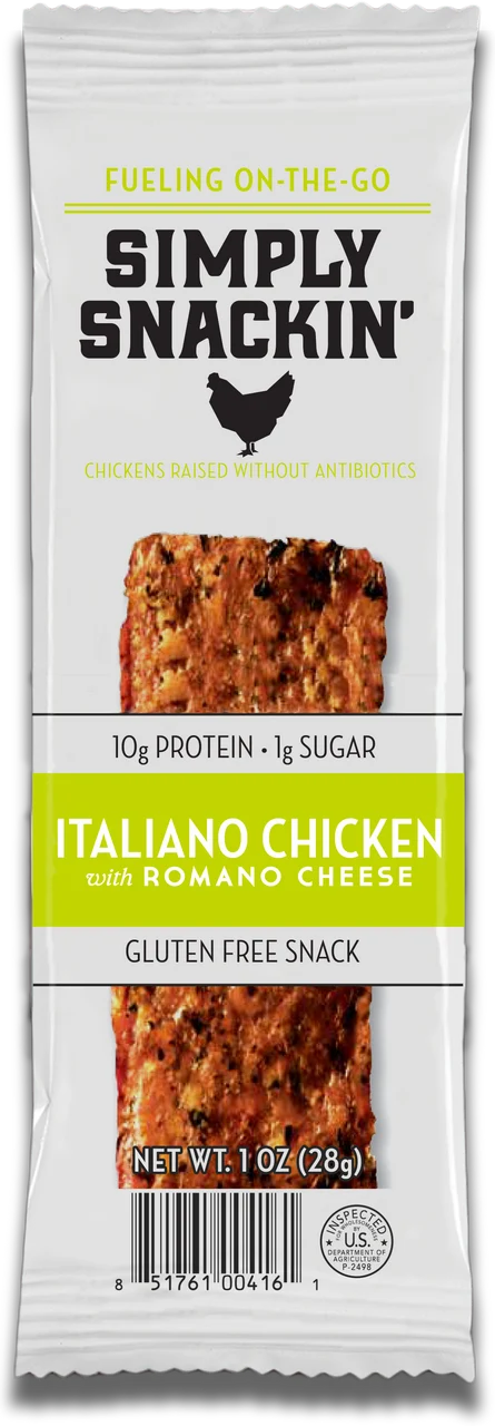 A package of Simply Snackin' Italiano Chicken with Romano Cheese, featuring a protein-rich snack bar, highlights its gluten-free and antibiotic-free attributes, with a clear barcode at the bottom.