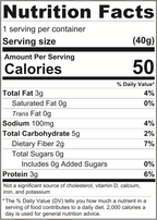A nutrition facts label displays serving size, calories, and nutrient values, including total fat, sodium, carbohydrates, fiber, sugars, and protein for a food product.