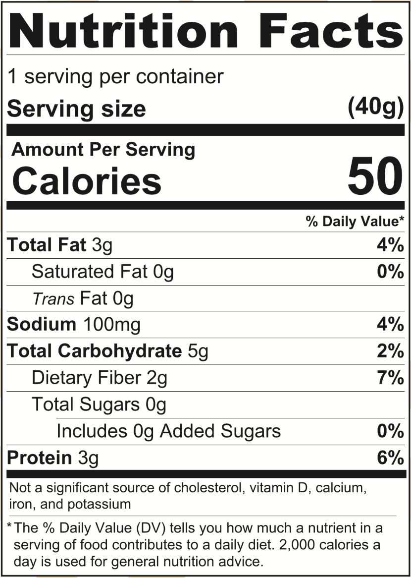 A nutrition facts label displays serving size, calories, and nutrient values, including total fat, sodium, carbohydrates, fiber, sugars, and protein for a food product.