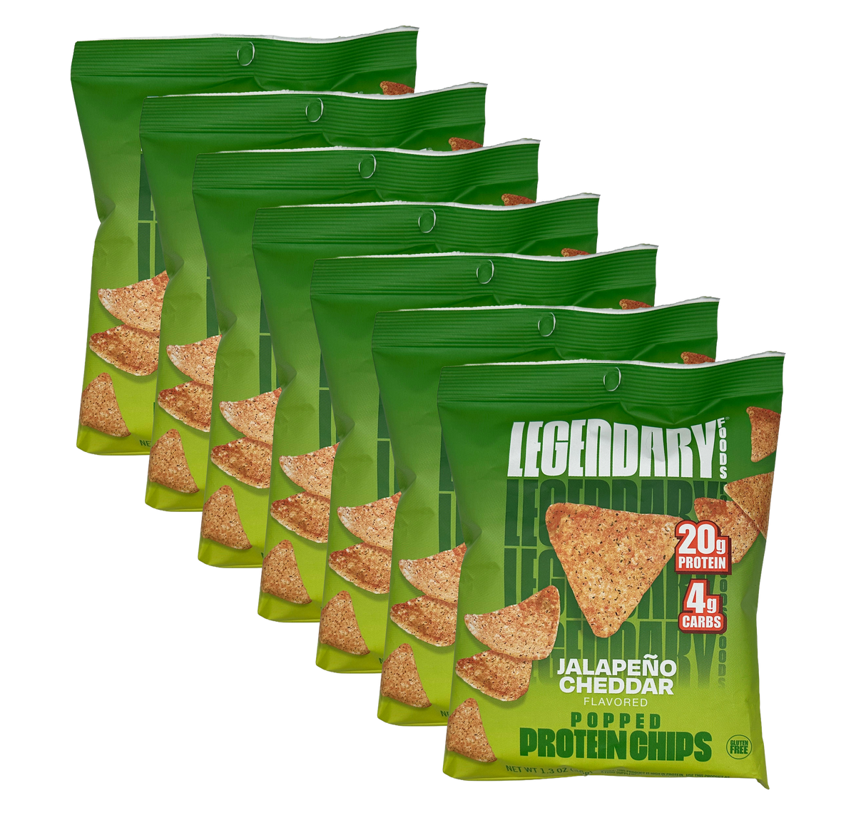 Front package of Legendary Foods Popped Protein Chips, Jalapeno Cheddar / 7-Pack